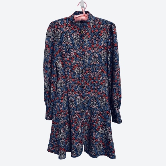 ZARA BLUE FLORAL PRINT LONG-SLEEVE BUTTON-DOWN BELTED MINI DRESS WITH POCKETS - Picture 2 of 16